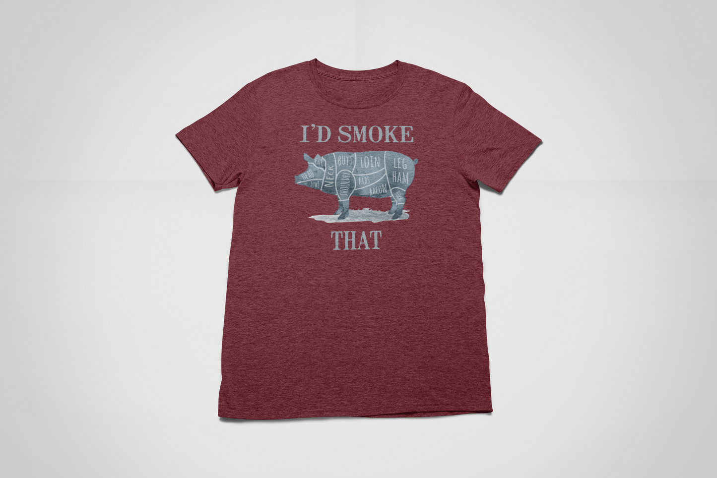 Red t-shirt with graphic design and text on a white background