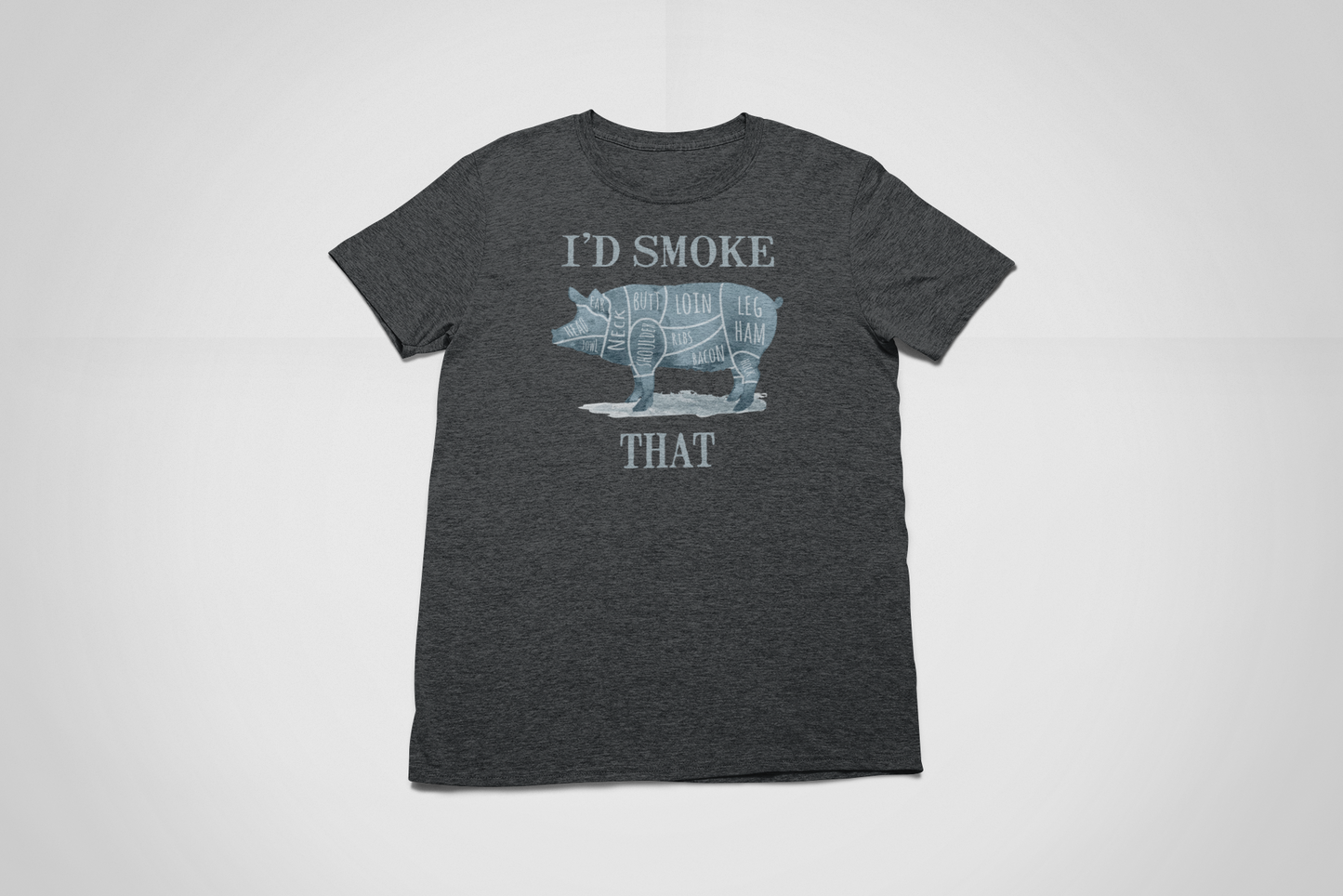 Gray t-shirt with graphic design and text on a white background