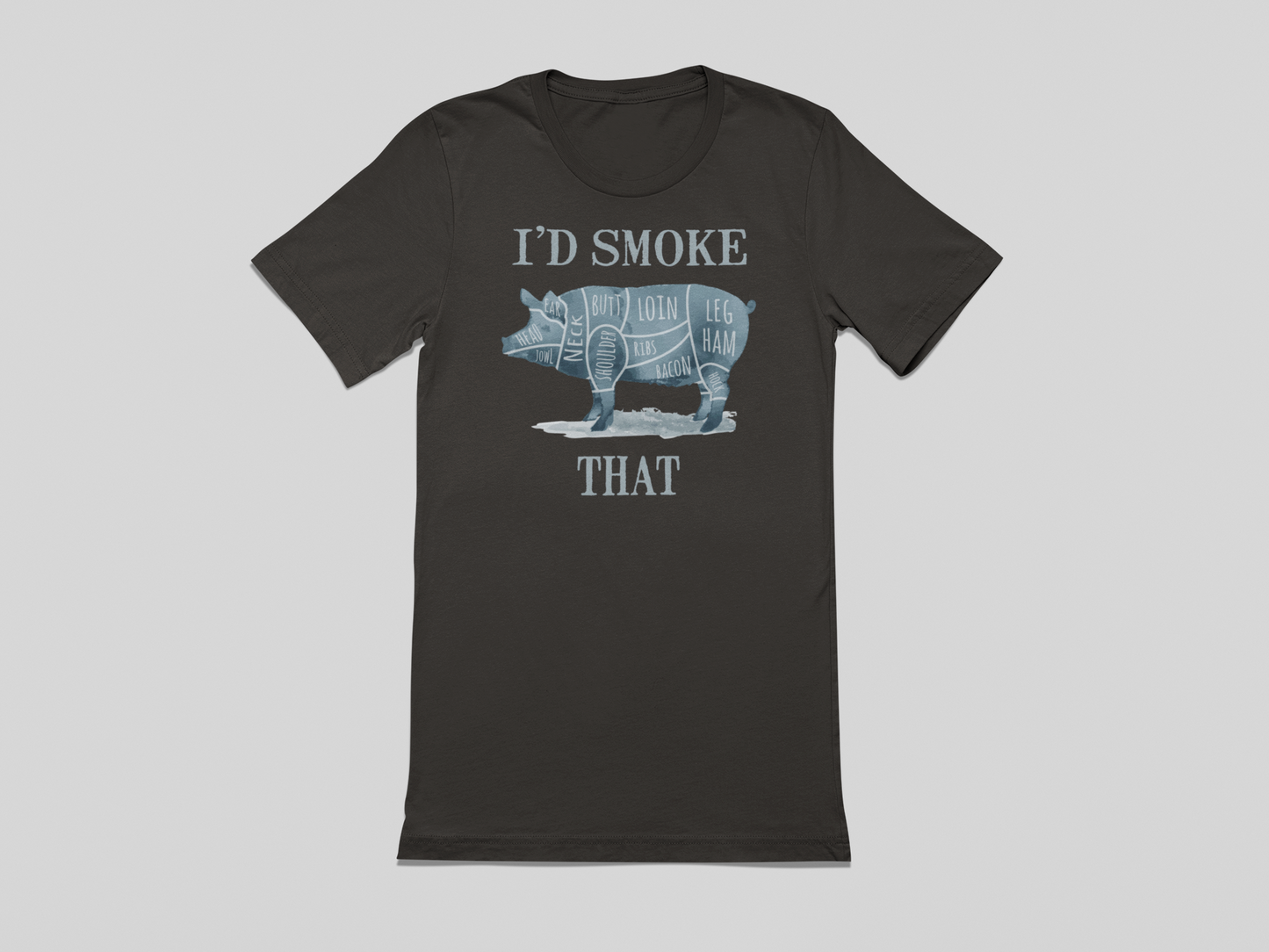 Black t-shirt with graphic design and text on a gray background
