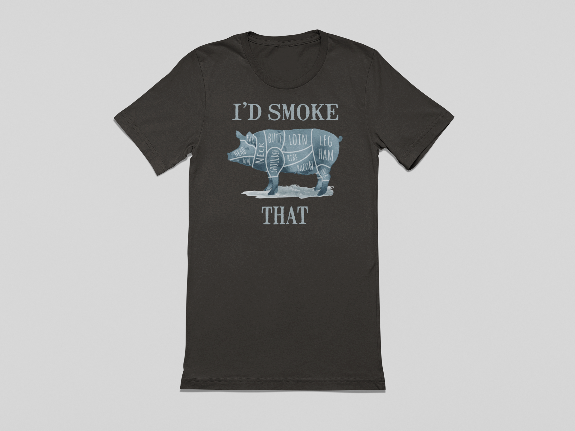 Black t-shirt with graphic design and text on a gray background